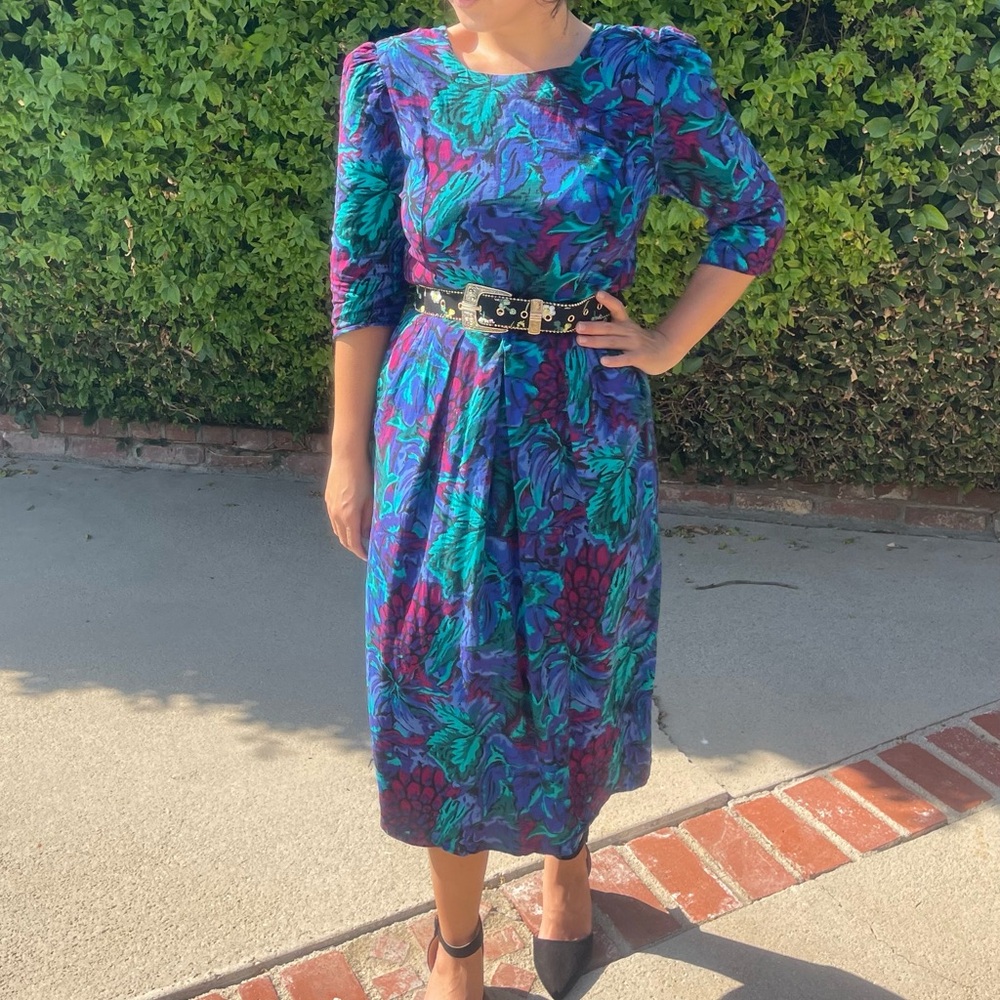 Vintage 80s Floral Midi Dress Secretary Tea Modest Bold Shoulder Pads Vtg Large - Picture 2 of 15